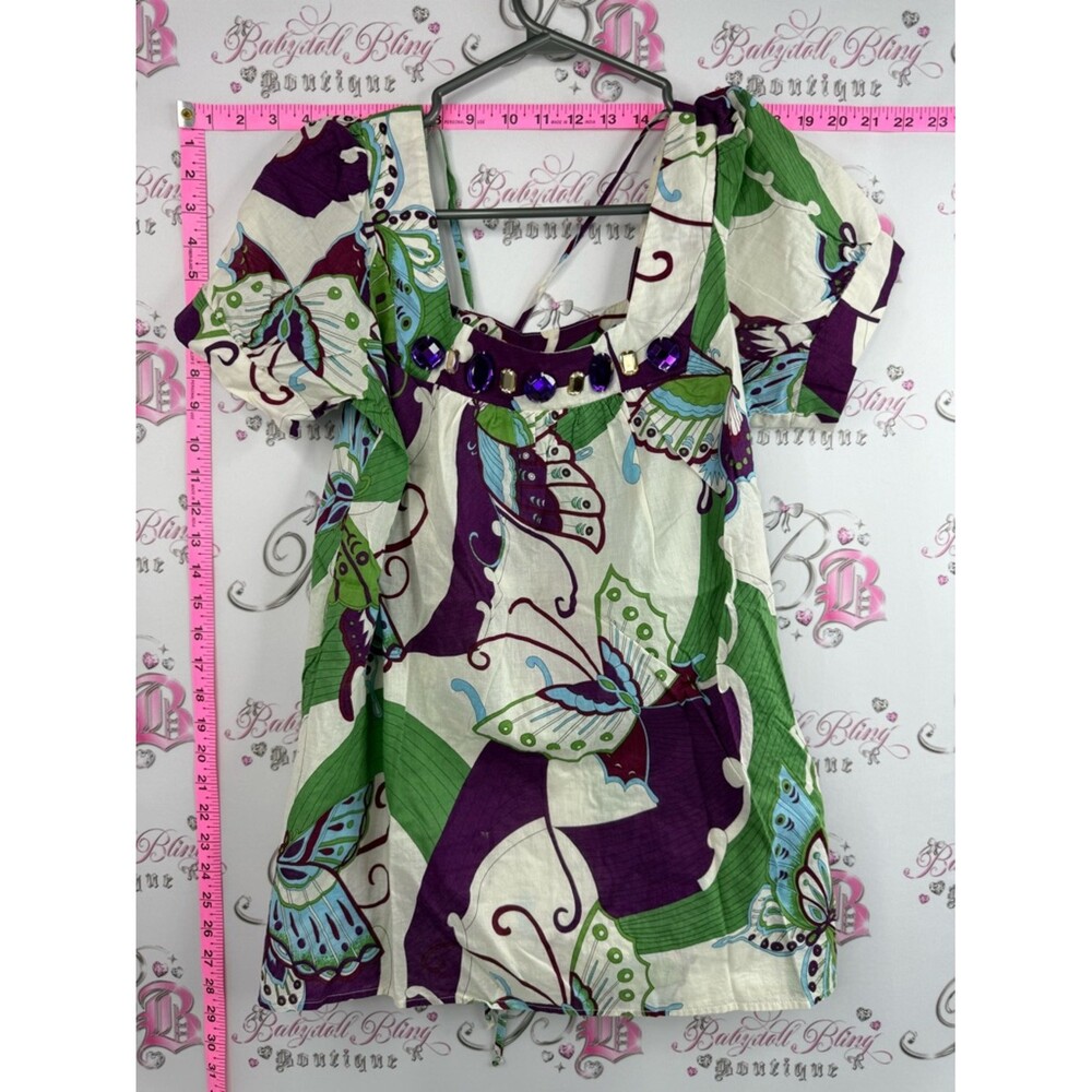 725 originals shirt, jewels Butterfly Print Puff Sleeve Top — Purple & Green